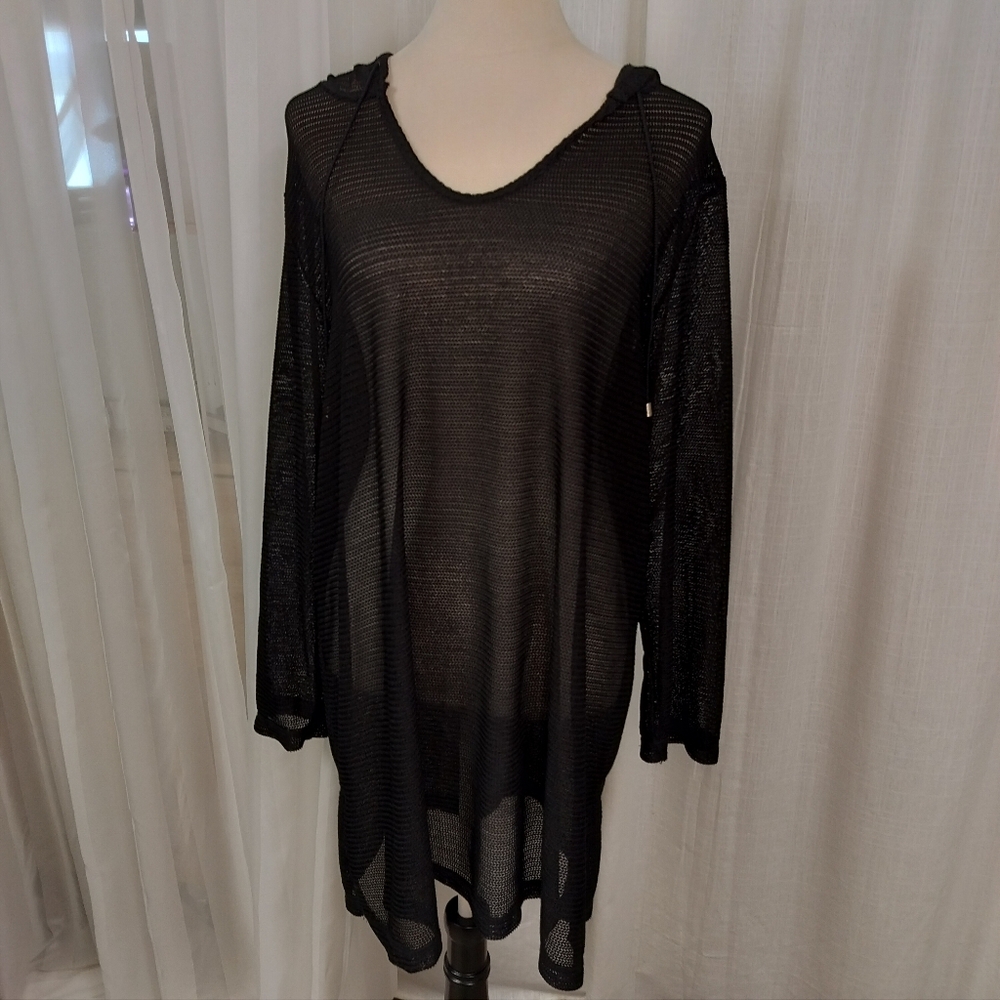 2/$30 Black‎ Mesh Beach Swim Cover Up Hoodie Size L Sheer Long Sleeve Resort
